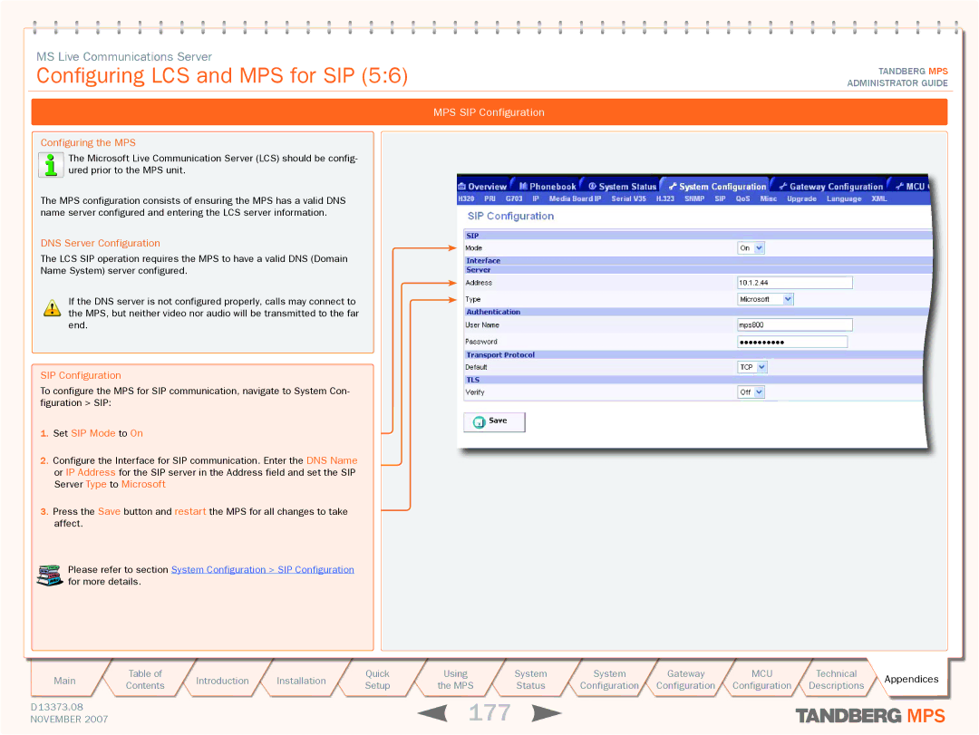 TANDBERG MPS 800, MPS 200 manual 177, MPS SIP Configuration, Set SIP Mode to On 