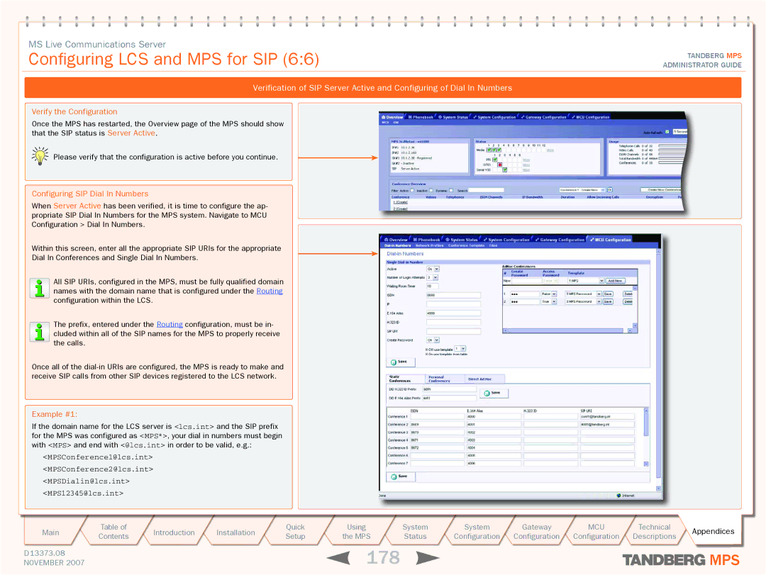 TANDBERG MPS 200, MPS 800 manual 178, Verify the Configuration, Configuring SIP Dial In Numbers 