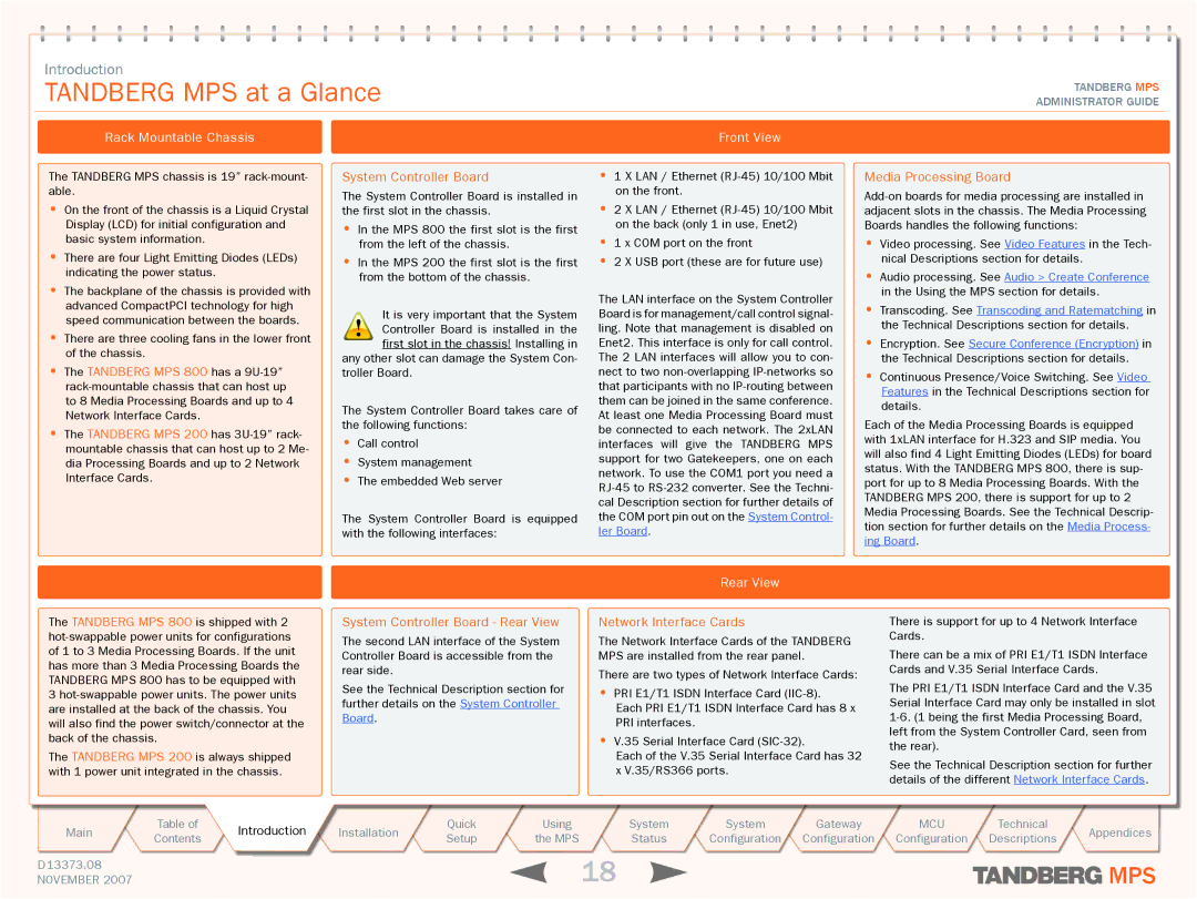 TANDBERG MPS 200, MPS 800 manual Tandberg MPS at a Glance, Rack Mountable Chassis, Rear View, Front View 