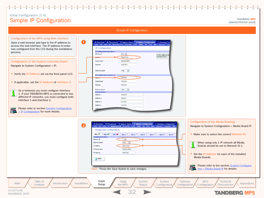 TANDBERG MPS 200 Simple IP Configuration, Configuration of the MPS using Web Interface, Configuration of the Media Boards 