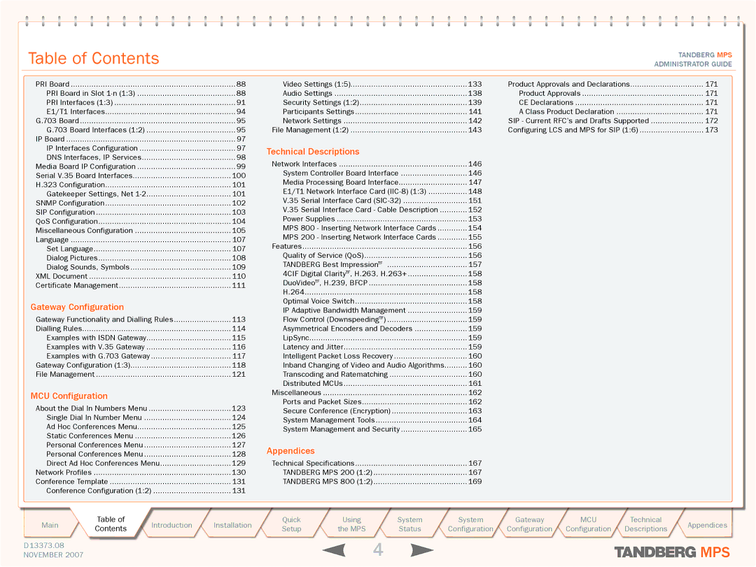 TANDBERG MPS 200, MPS 800 manual Table of Contents 