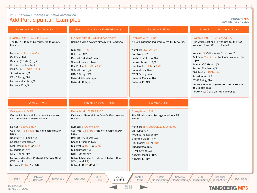 TANDBERG MPS 200 Add Participants Examples, Example 1 H.323 / IP H.323 ID, Example 2 H.323 / IP IP Address Example 3 Isdn 