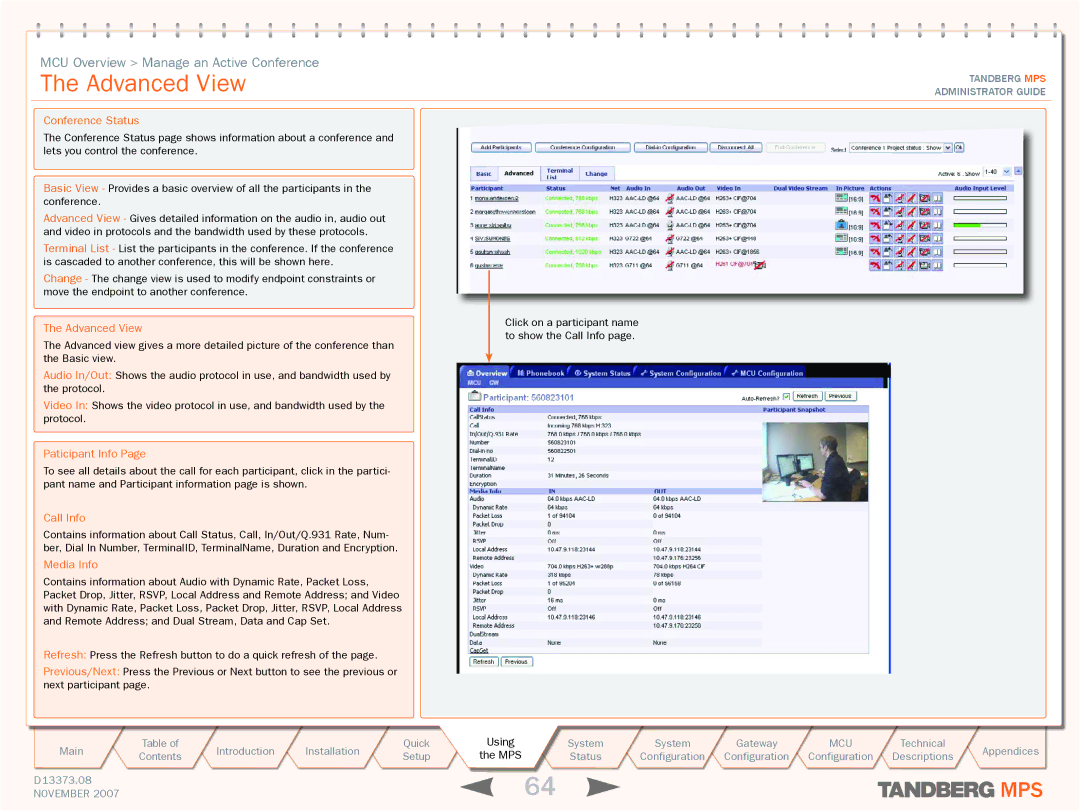 TANDBERG MPS 200, MPS 800 manual Advanced View, Paticipant Info, Call Info, Media Info 