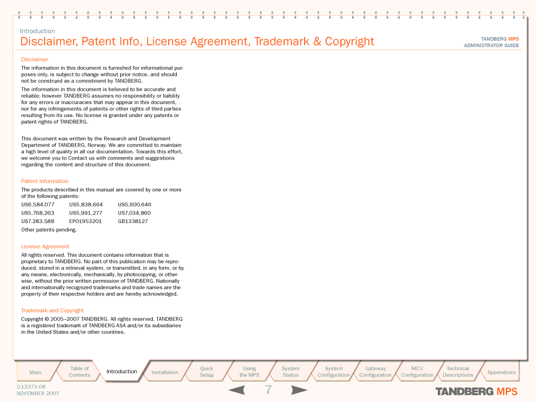 TANDBERG MPS 800, MPS 200 manual Disclaimer, Patent information, License Agreement, Trademark and Copyright 