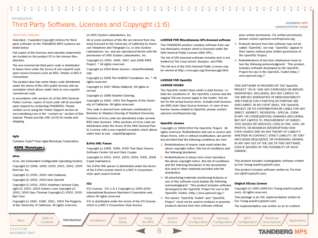 TANDBERG MPS 200, MPS 800 manual Third Party Software, Licenses and Copyright 