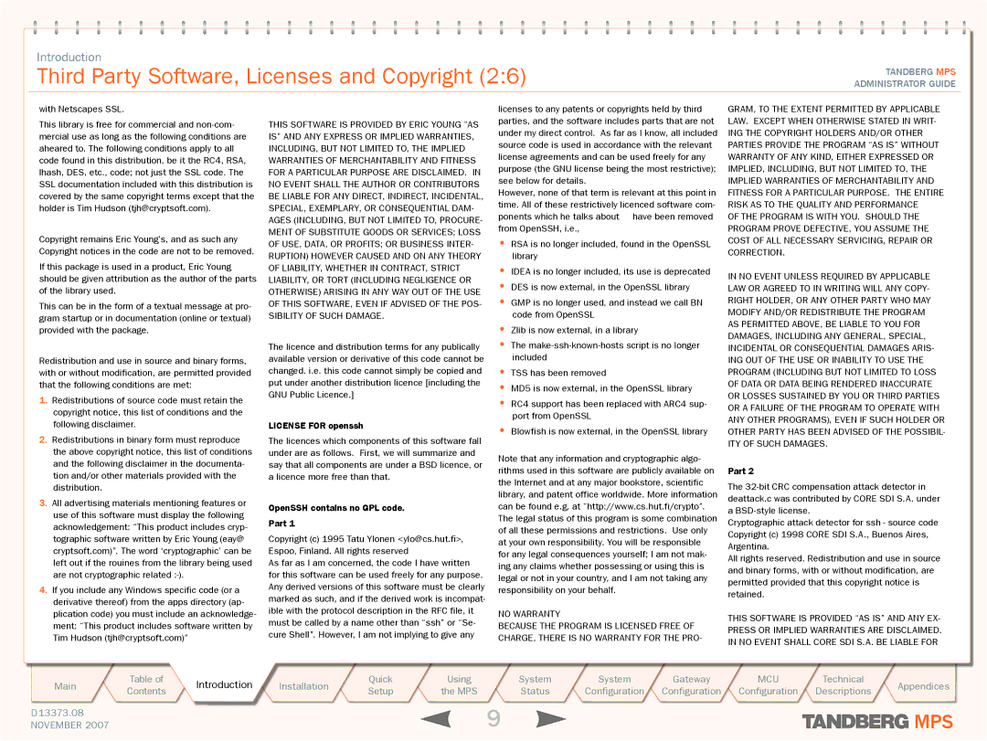 TANDBERG MPS 800, MPS 200 manual License for openssh 