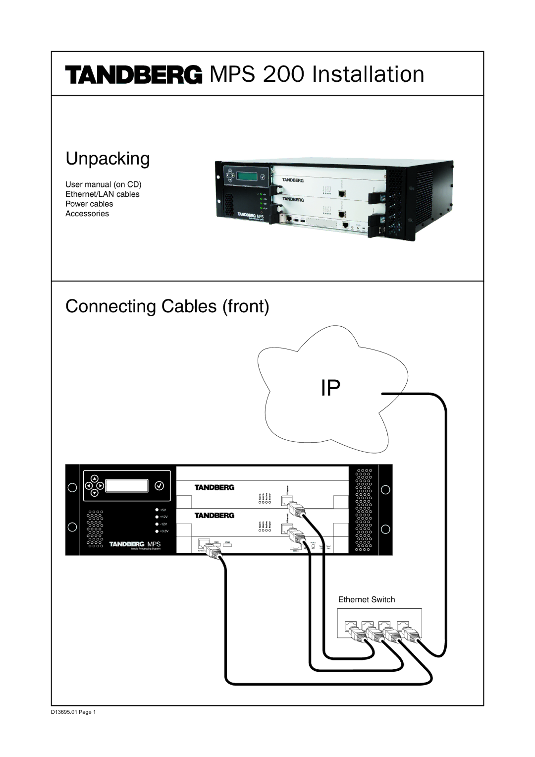 TANDBERG user manual MPS 200 Installation, Unpacking, Connecting Cables front 