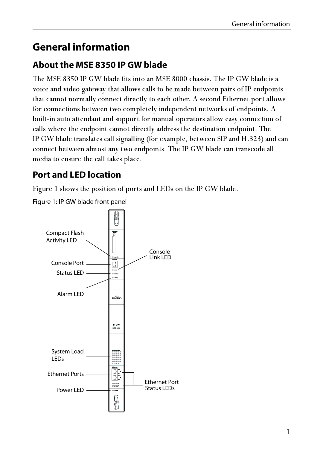 TANDBERG manual General information, About the MSE 8350 IP GW blade, Port and LED location 