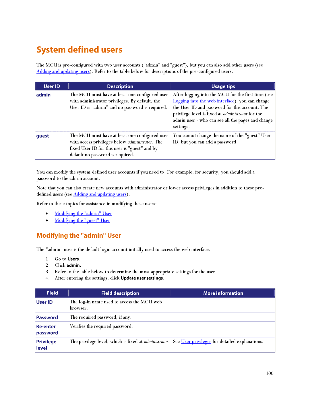 TANDBERG MSE 8510, MCU 4500 manual Modifying the admin User Modifying the guest User 