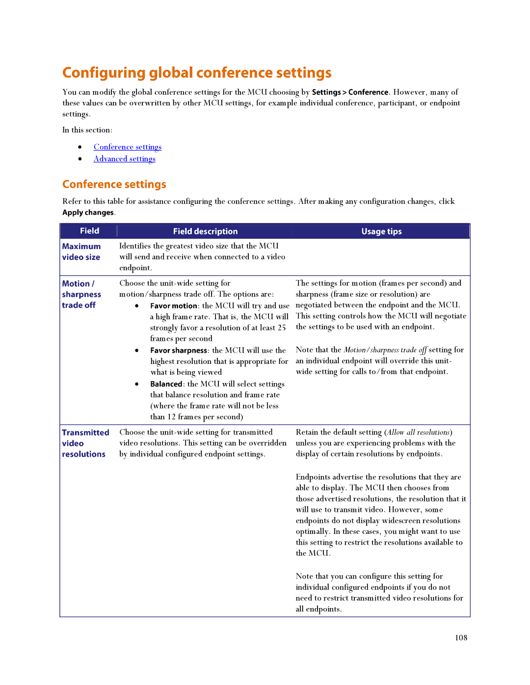 TANDBERG MSE 8510, MCU 4500 manual Conference settings Advanced settings 