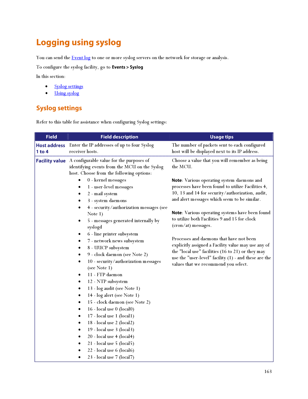 TANDBERG MCU 4500, MSE 8510 manual Syslog settings Using syslog 