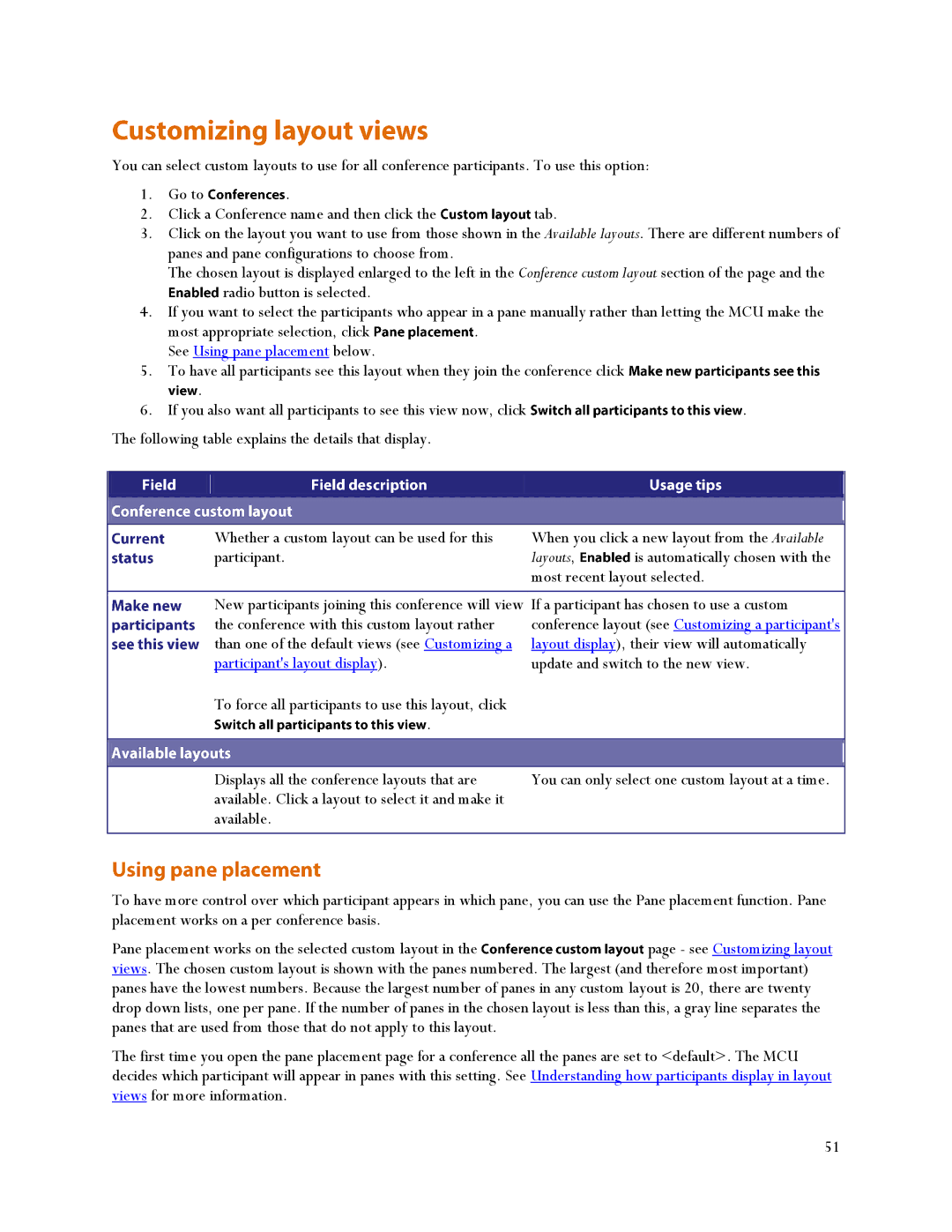 TANDBERG MCU 4500, MSE 8510 manual See Using pane placement below, Layouts, Conference layout see Customizing a participants 