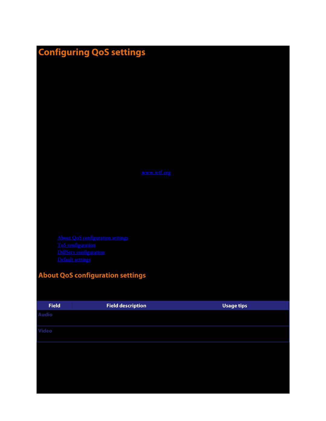 TANDBERG MSE 8510, MCU 4500 About QoS configuration settings ToS configuration, DiffServ configuration Default settings 