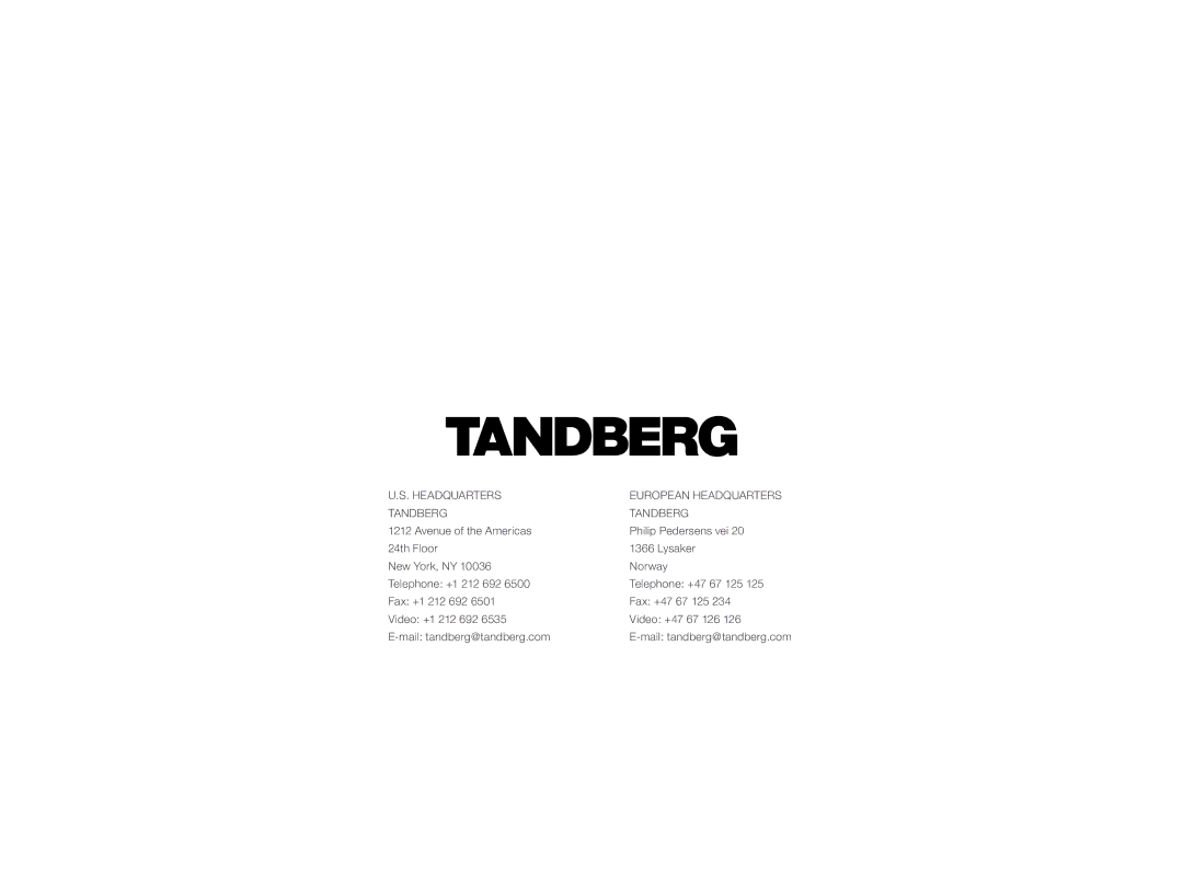 TANDBERG None manual Headquarters European Headquarters Tandberg 