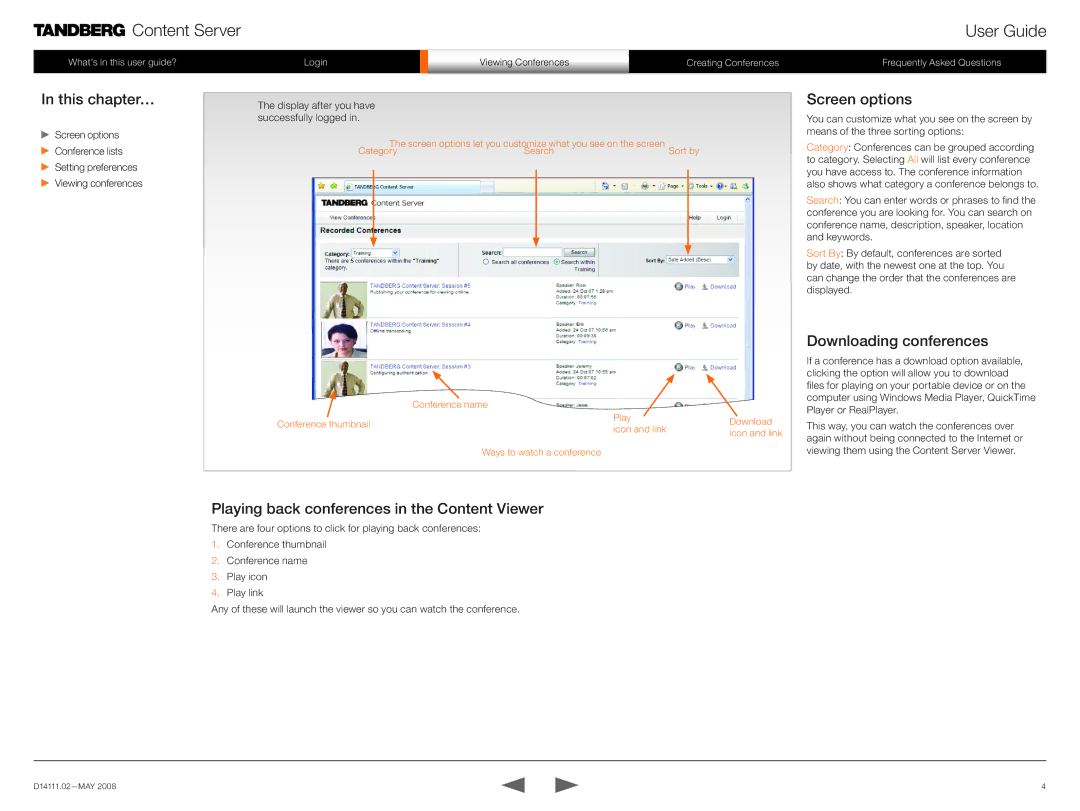 TANDBERG None manual This chapter…, Screen options, Downloading conferences, Playing back conferences in the Content Viewer 