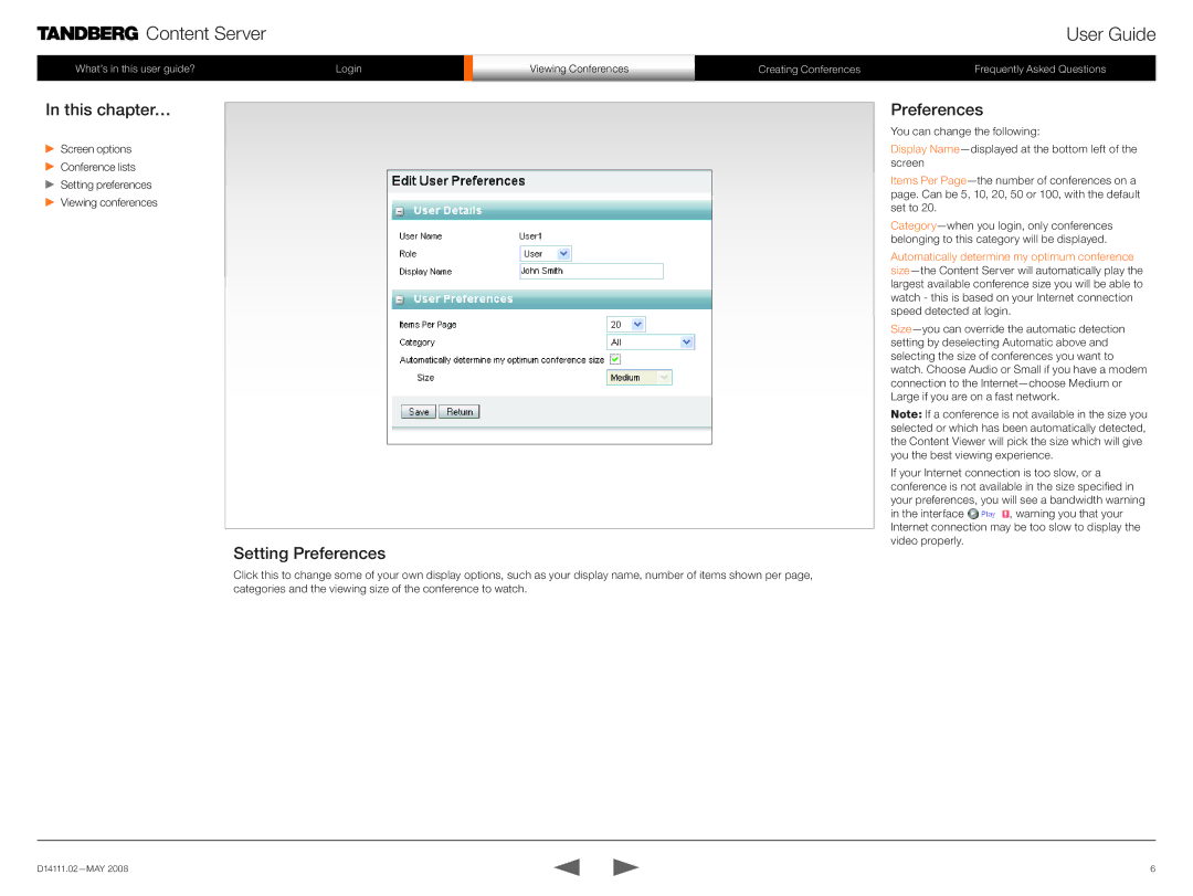 TANDBERG None manual Setting Preferences 