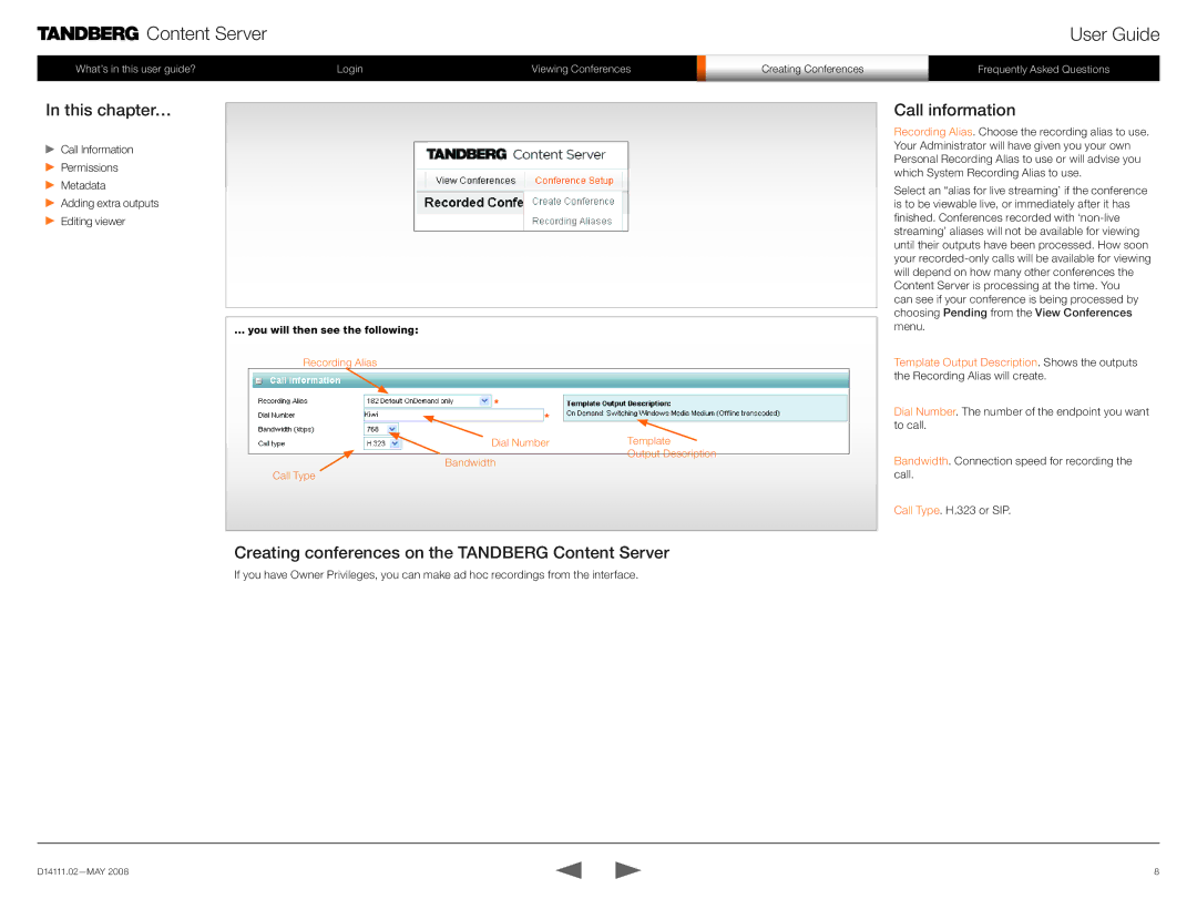 TANDBERG None manual Creating conferences on the Tandberg Content Server, Call information 