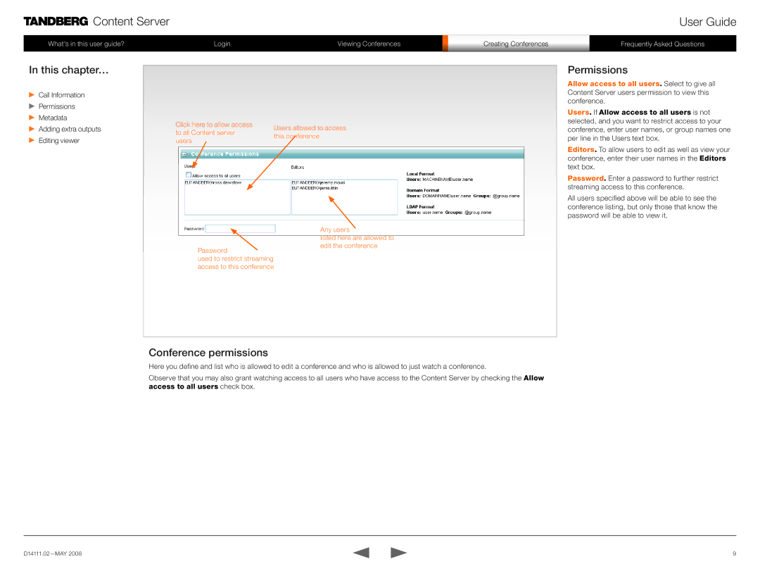 TANDBERG None manual Conference permissions, Call Information Permissions Metadata 