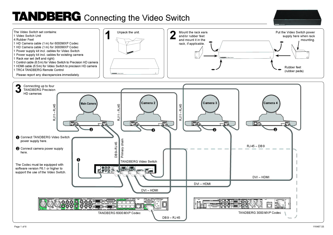 TANDBERG RJ45RJ11 manual Connecting the Video Switch, Camera, DVI Hdmi 