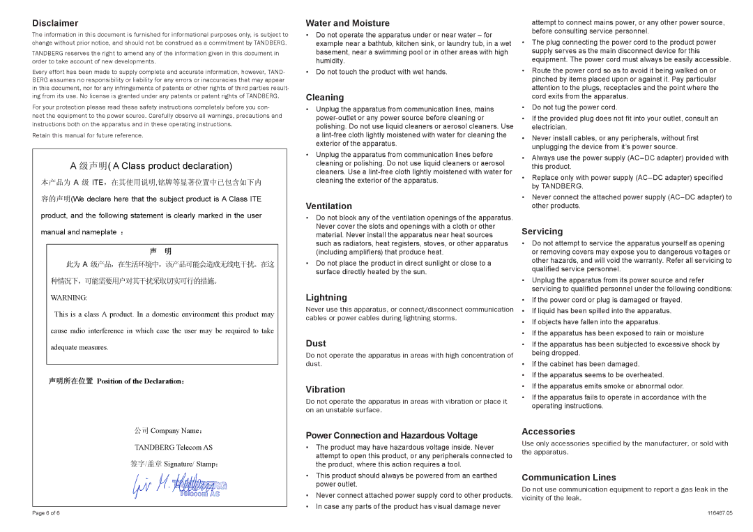 TANDBERG RJ45RJ11 manual Disclaimer, Water and Moisture, Cleaning, Ventilation, Lightning, Dust, Vibration, Servicing 