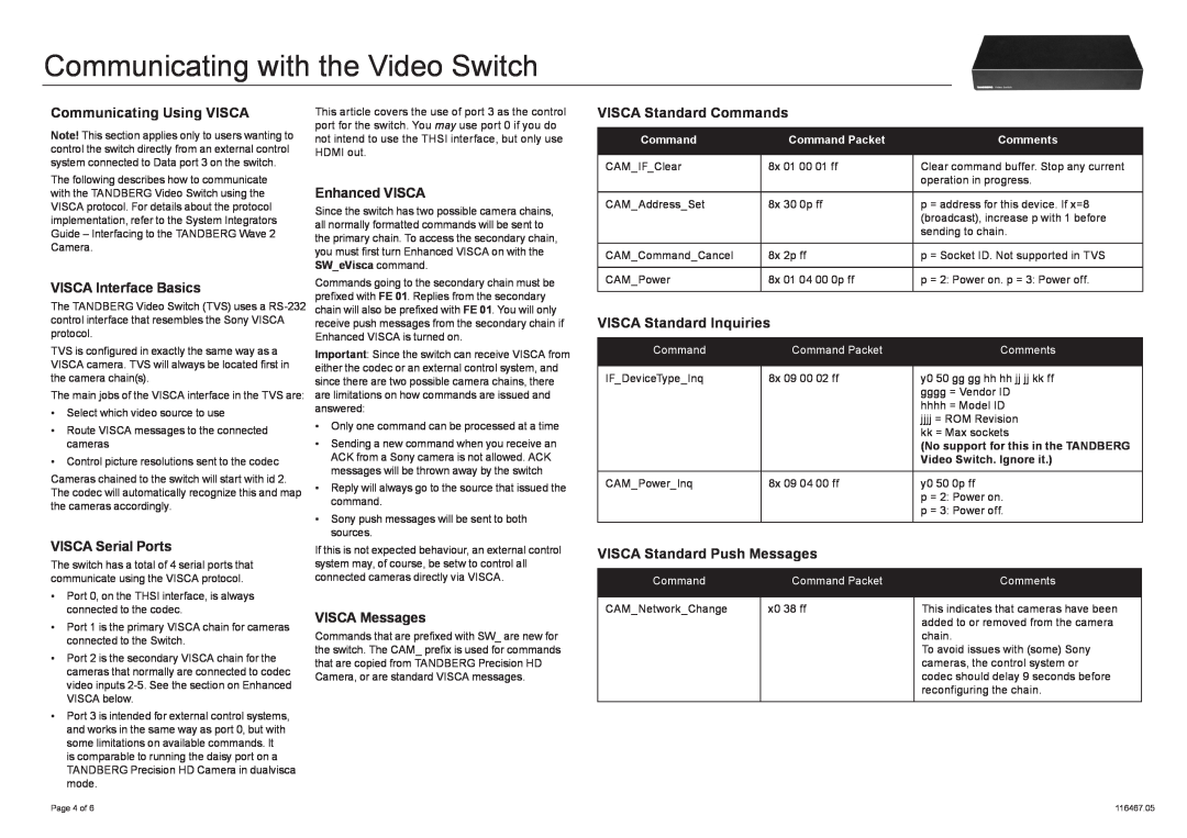 TANDBERG RJ45RJ11 manual Communicating with the Video Switch, Command Packet, Comments 