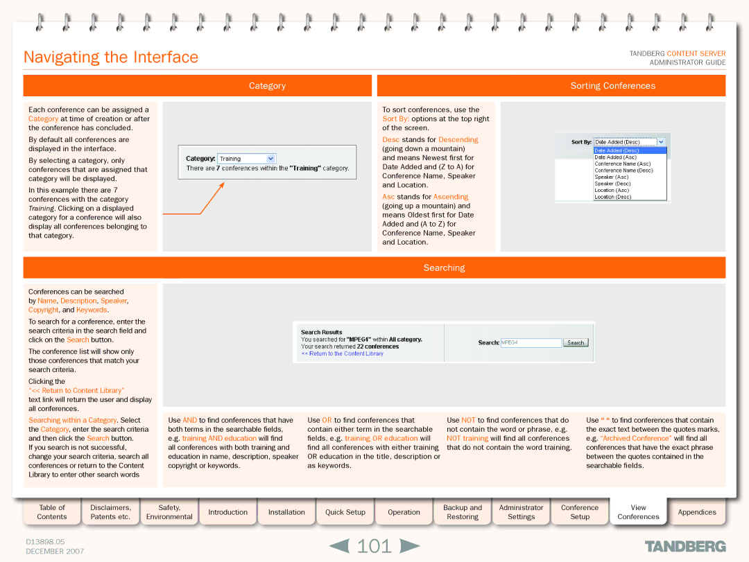 TANDBERG S3 manual 101, Navigating the Interface, Category Sorting Conferences, Searching, Return to Content Library 