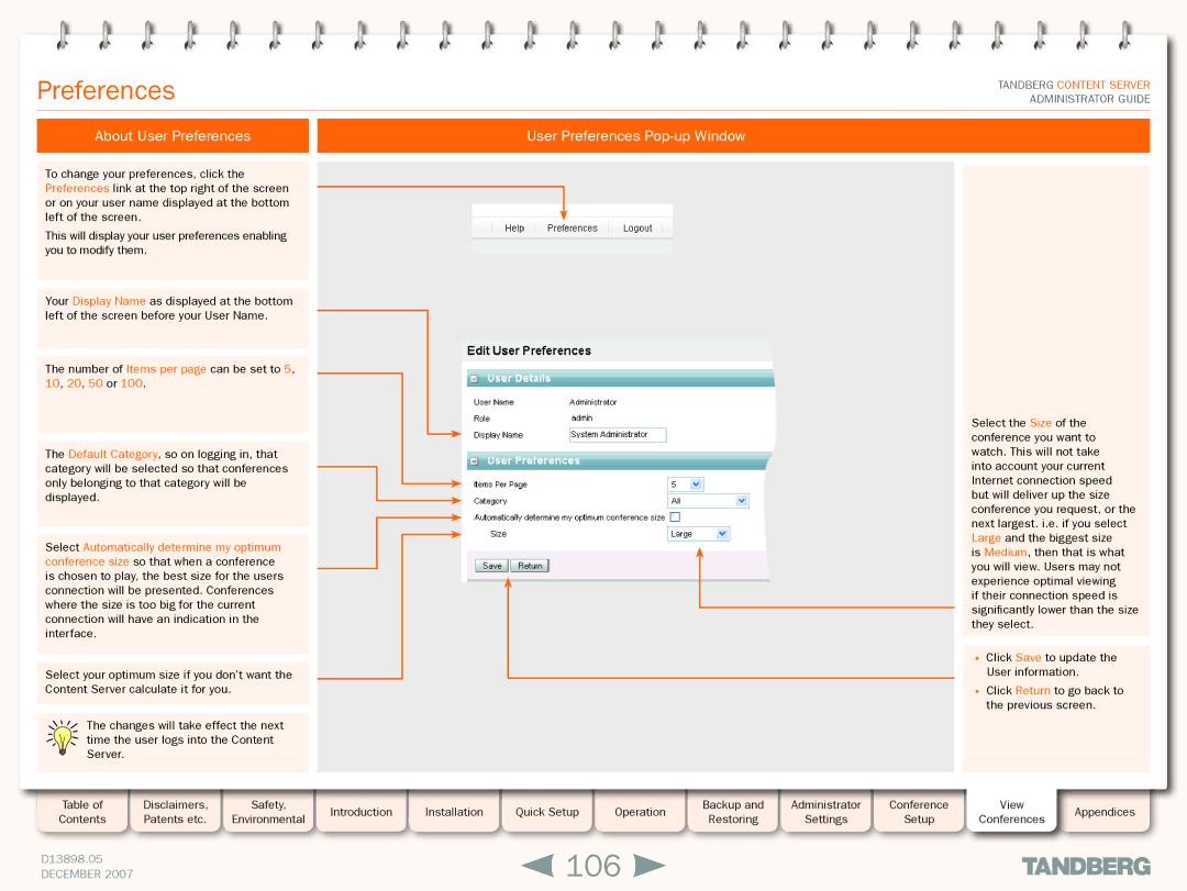 TANDBERG S3 manual 106, About User Preferences, User Preferences Pop-up Window 