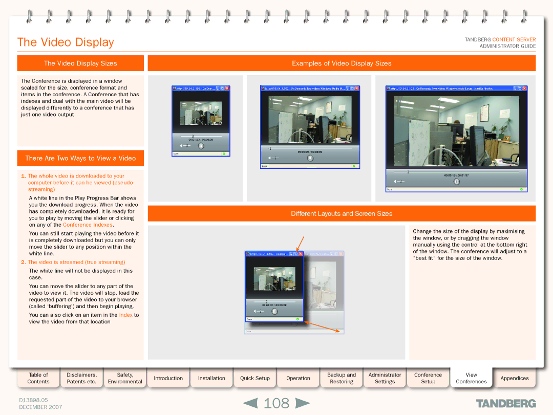 TANDBERG S3 manual 108, Video Display Sizes, There Are Two Ways to View a Video, Video is streamed true streaming 