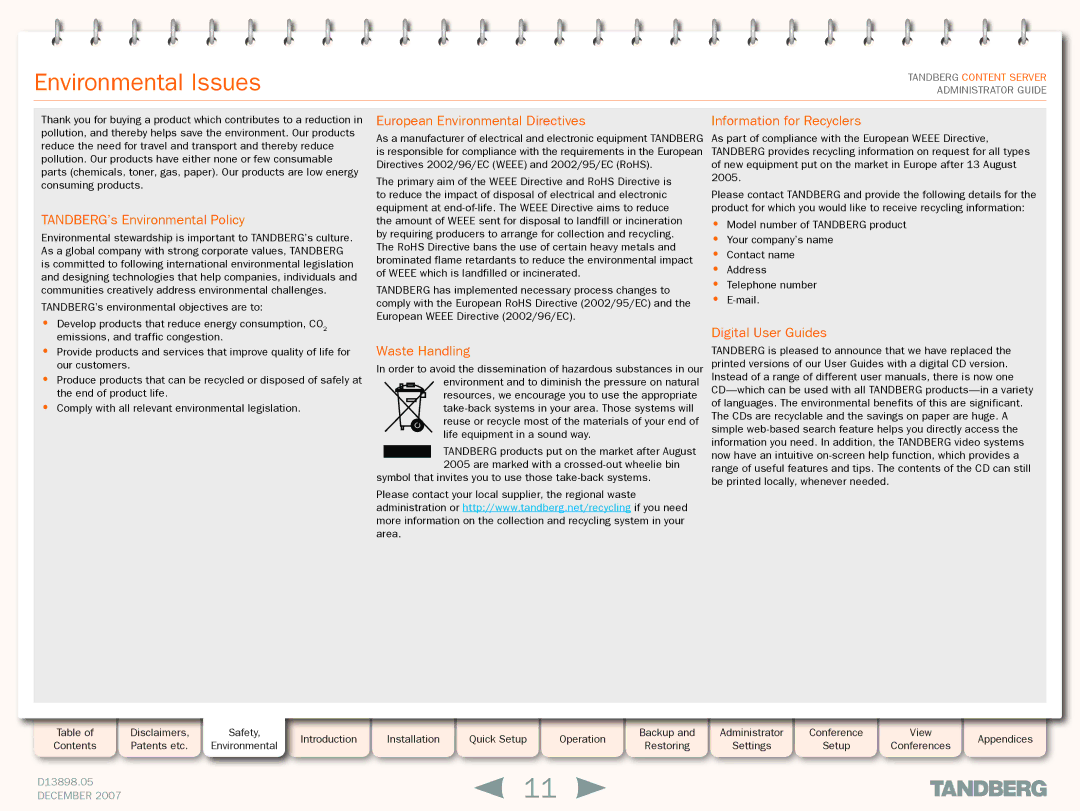 TANDBERG S3 manual Environmental Issues, TANDBERG’s Environmental Policy 