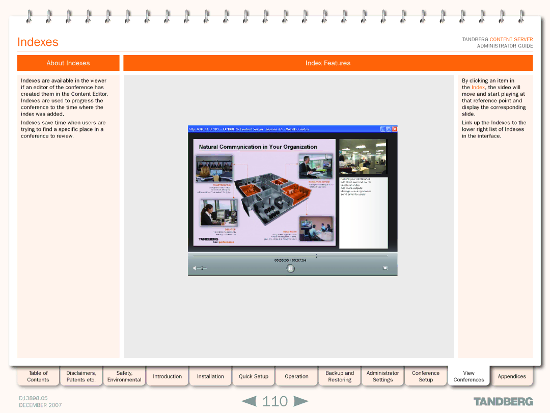 TANDBERG S3 manual 110, About Indexes Index Features 