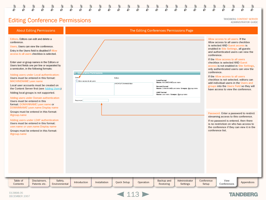 TANDBERG S3 manual 113, Editing Conference Permissions, About Editing Permissions, Editing Conferences Permissions 