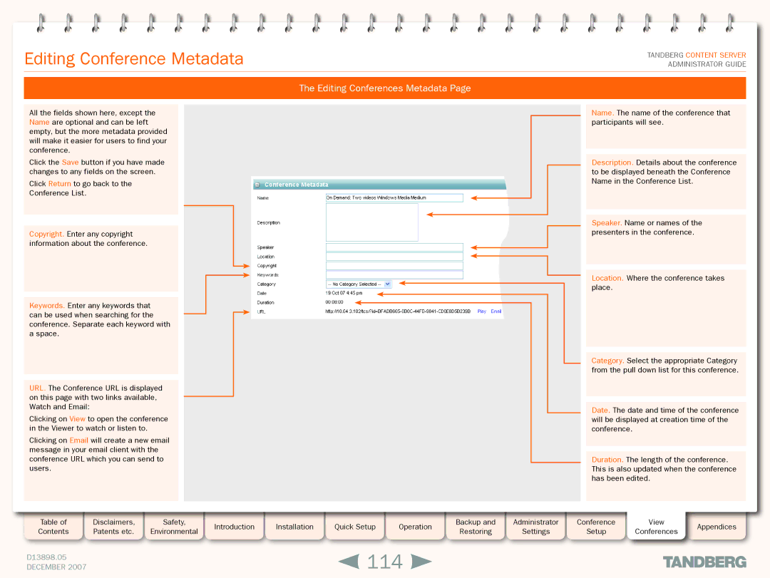 TANDBERG S3 manual 114, Editing Conference Metadata, Editing Conferences Metadata 