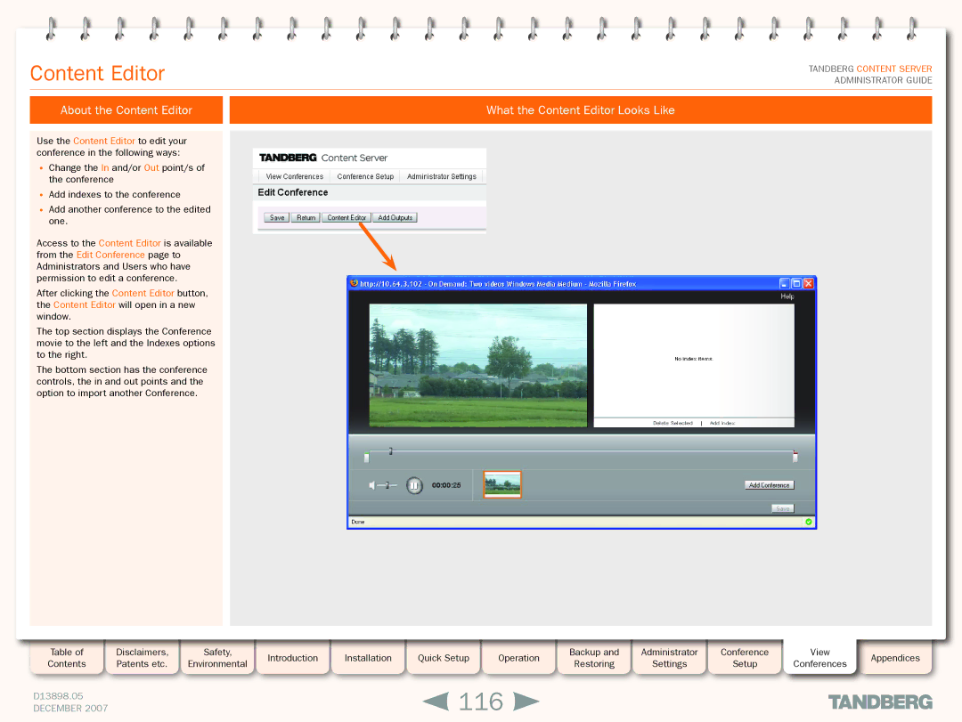 TANDBERG S3 manual 116, About the Content Editor What the Content Editor Looks Like 