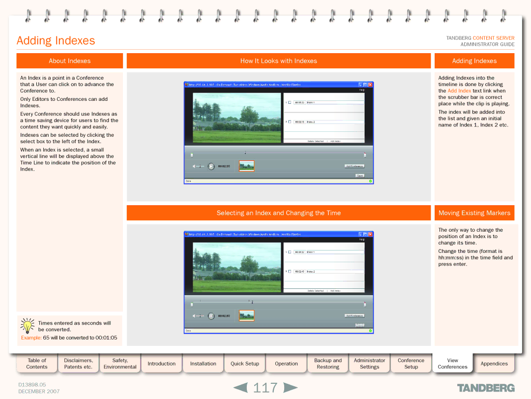 TANDBERG S3 manual 117, About Indexes How It Looks with Indexes Adding Indexes 