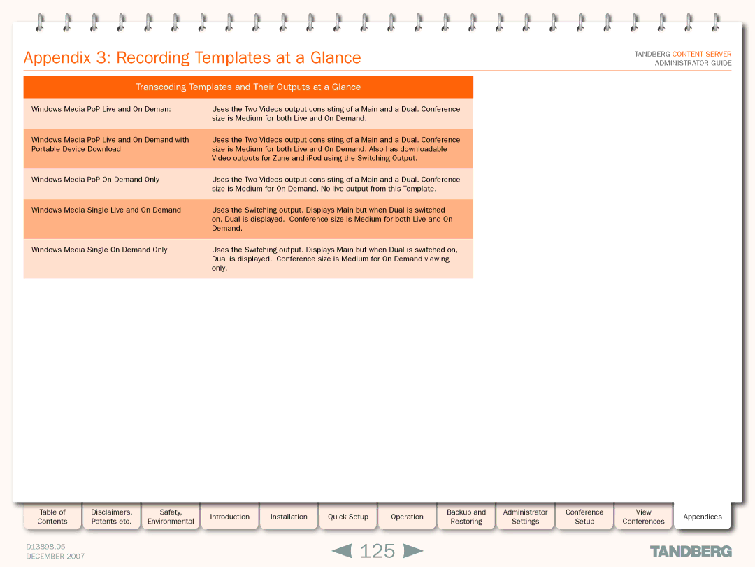 TANDBERG S3 manual 125, Appendix 3 Recording Templates at a Glance, Transcoding Templates and Their Outputs at a Glance 