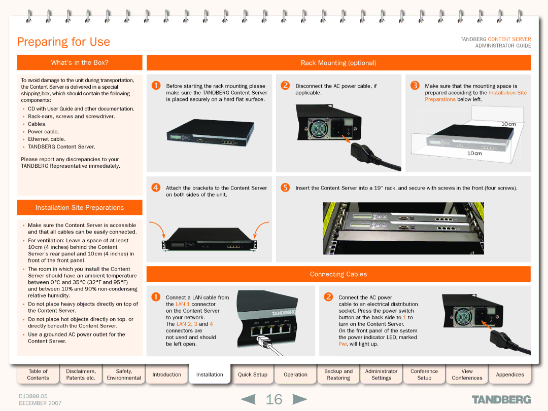 TANDBERG S3 manual Preparing for Use, What’s in the Box? Rack Mounting optional, Installation Site Preparations 