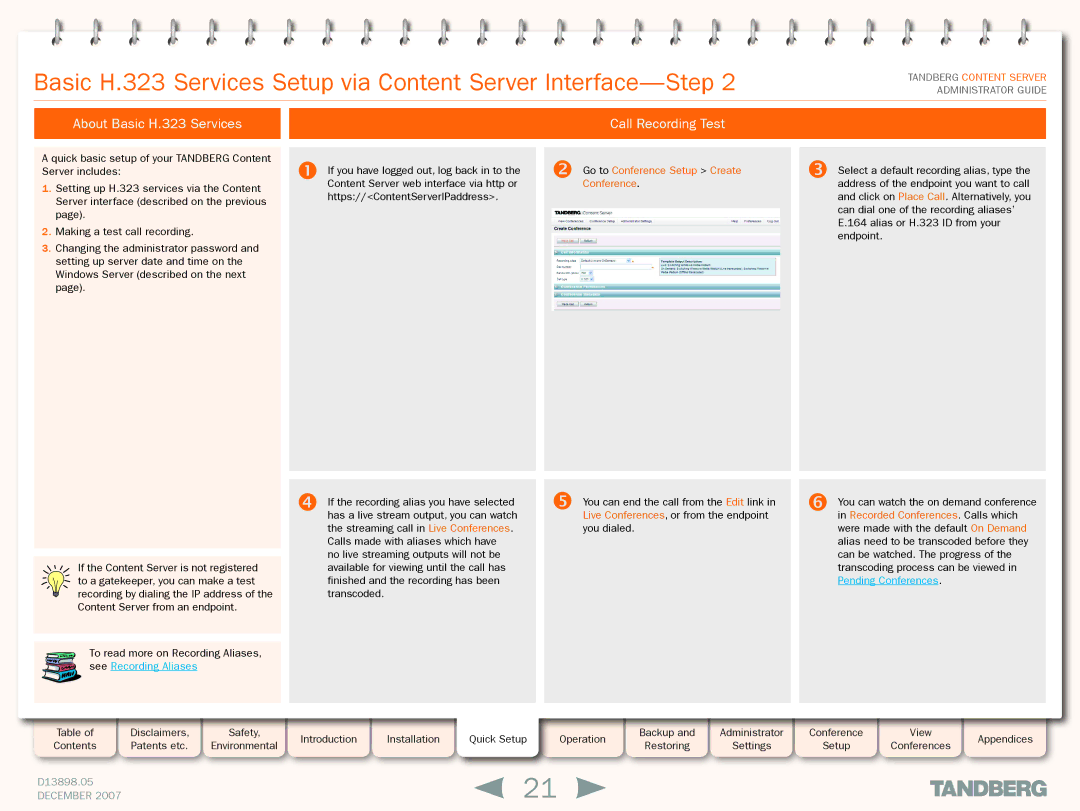 TANDBERG S3 manual Call Recording Test,  Go to Conference Setup Create Conference 