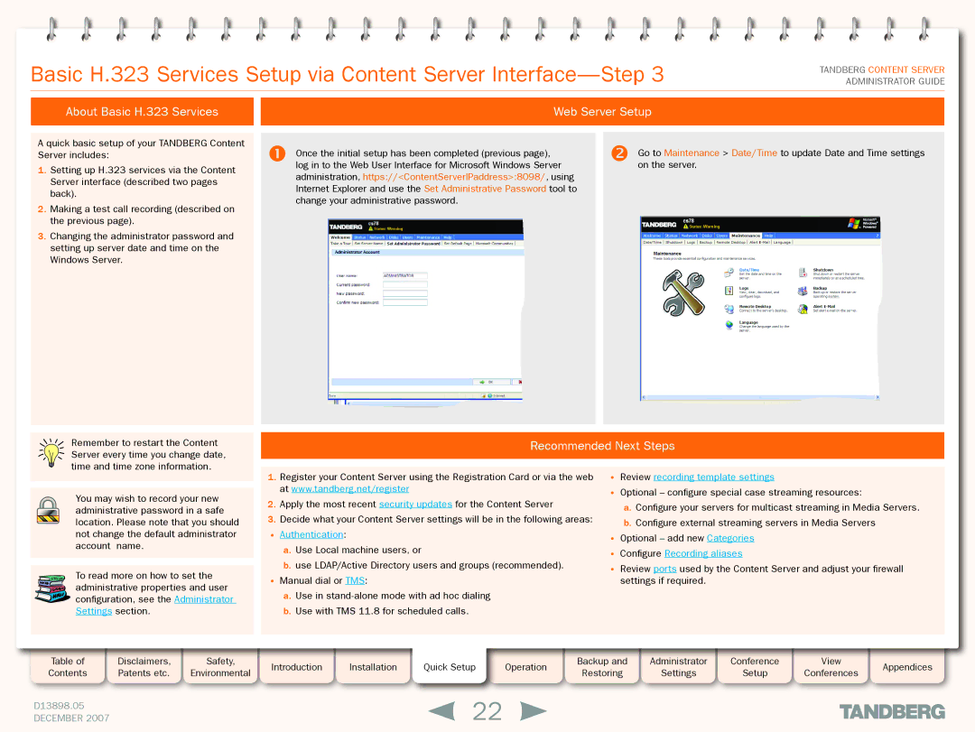 TANDBERG S3 manual About Basic H.323 Services Web Server Setup, Recommended Next Steps 