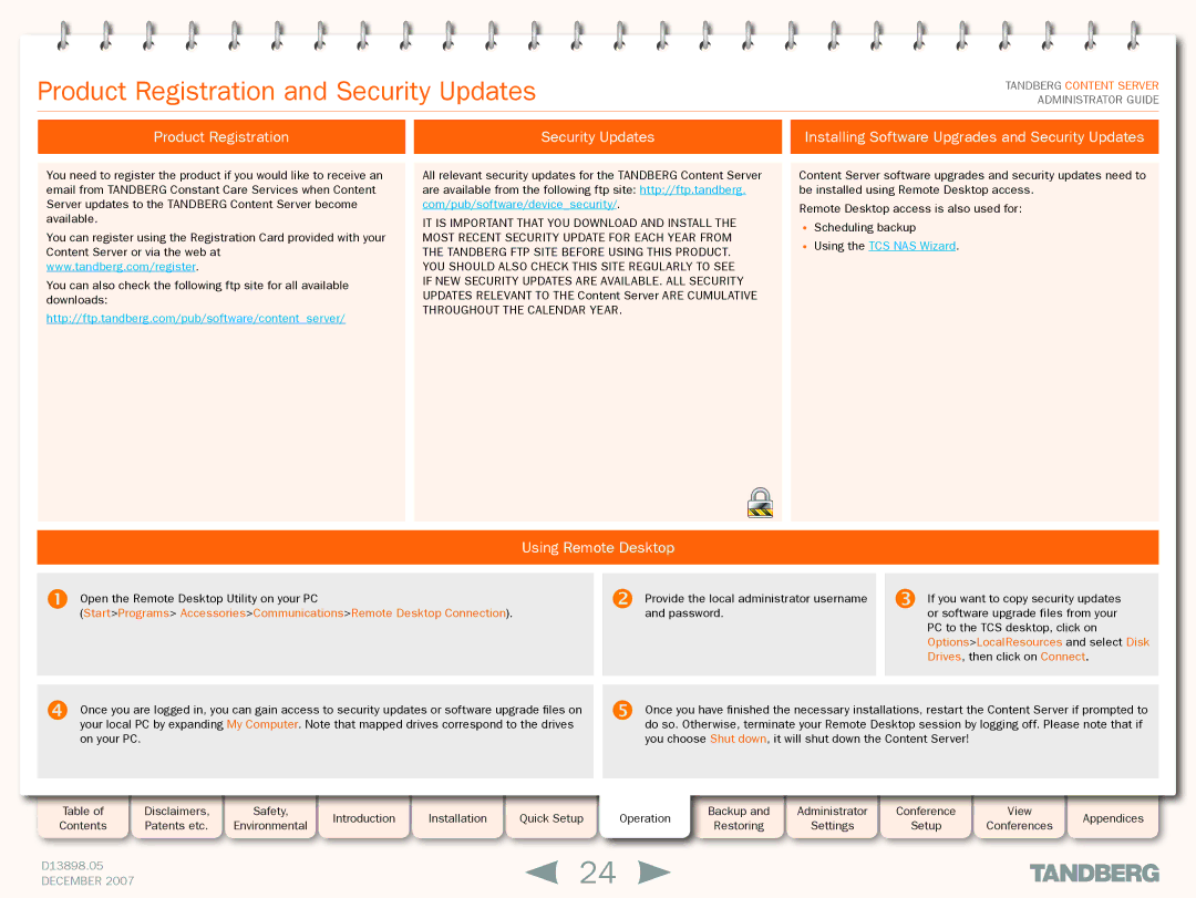 TANDBERG S3 manual Product Registration and Security Updates, Using Remote Desktop 