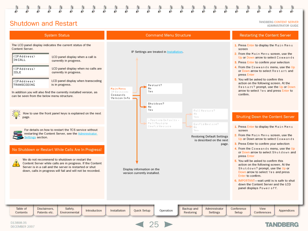 TANDBERG S3 Shutdown and Restart, No Shutdown or Restart While Calls Are In Progress, Shutting Down the Content Server 