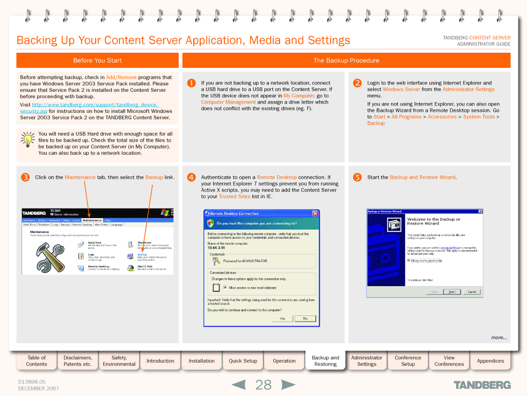 TANDBERG S3 manual Before You Start Backup Procedure,  Start the Backup and Restore Wizard 