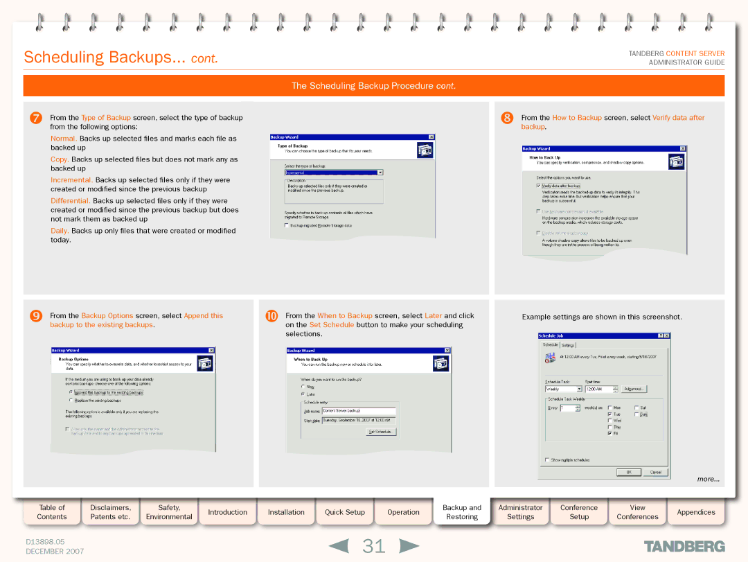 TANDBERG S3 manual Scheduling Backups 