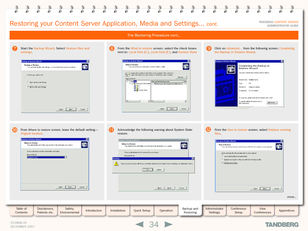 TANDBERG S3 manual  Start the Backup Wizard. Select Restore files and settings 