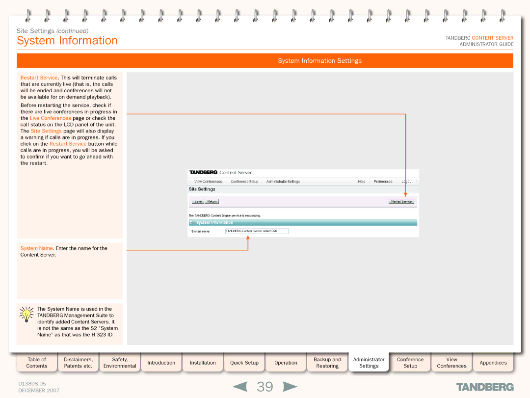 TANDBERG S3 manual System Information Settings 