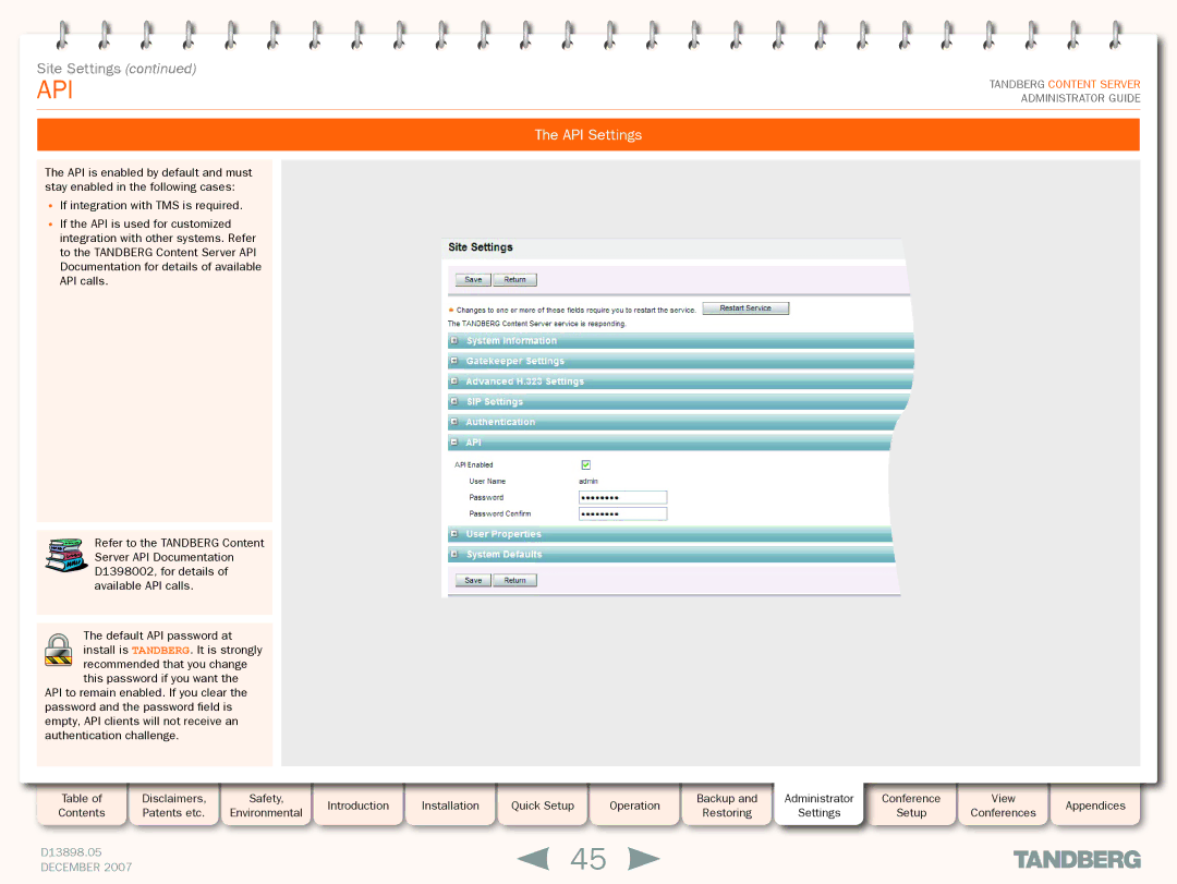 TANDBERG S3 manual Api, API Settings 