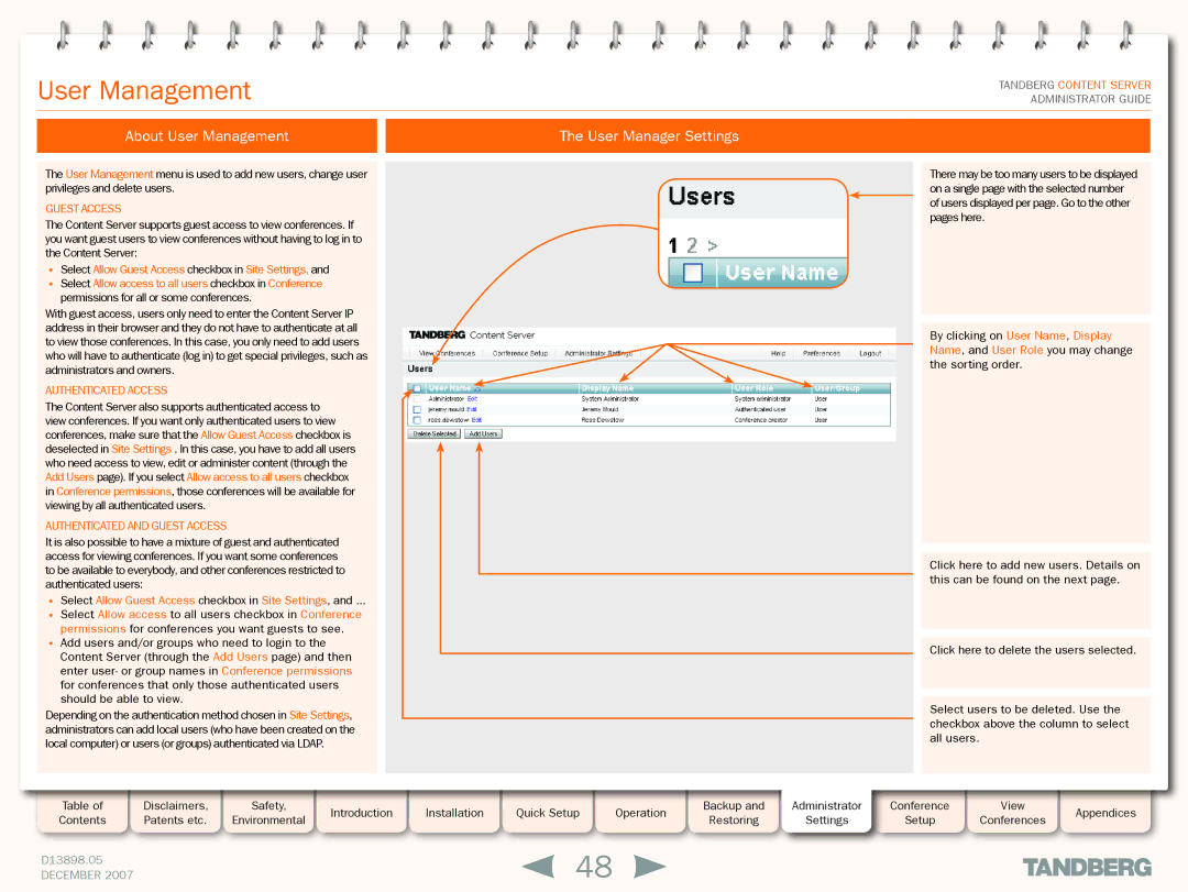 TANDBERG S3 manual About User Management User Manager Settings, Select Allow Guest Access checkbox in Site Settings 