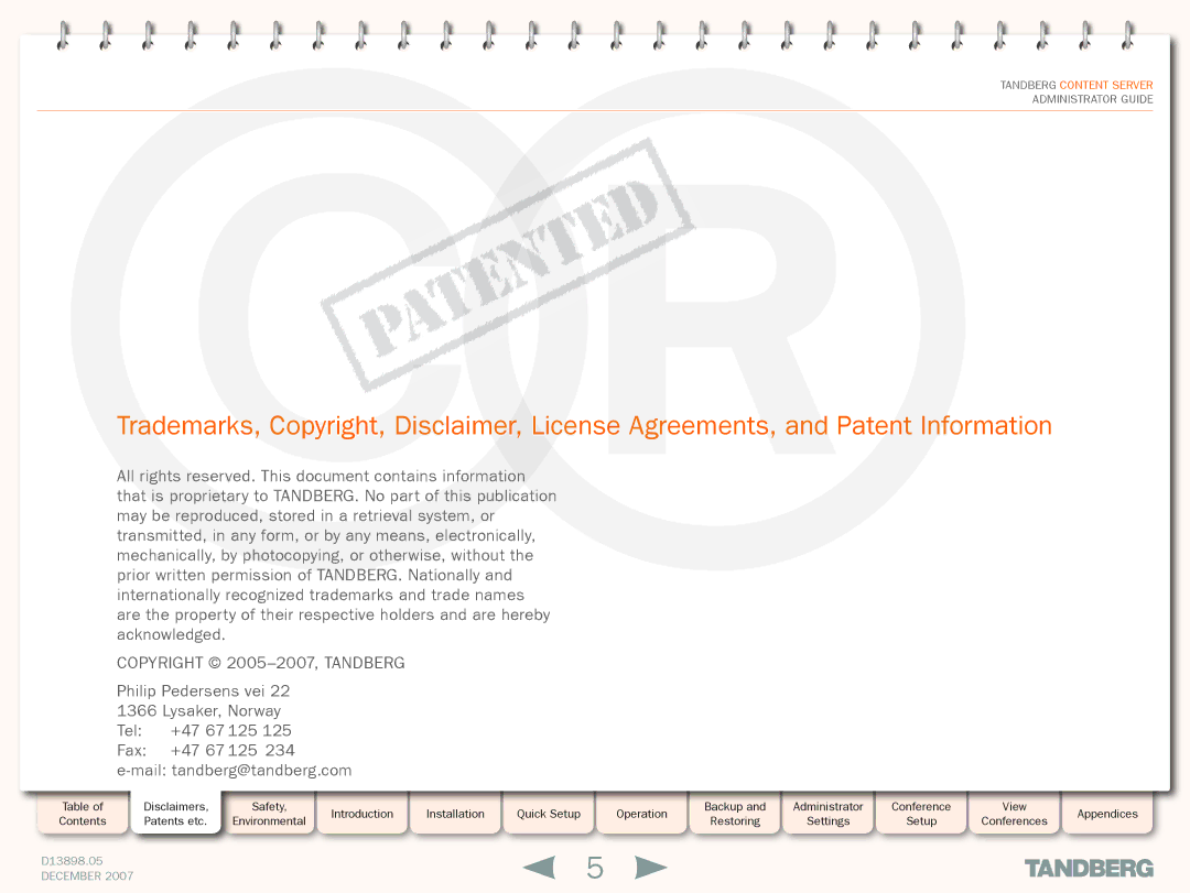 TANDBERG S3 manual Copyright 2005-2007, Tandberg 