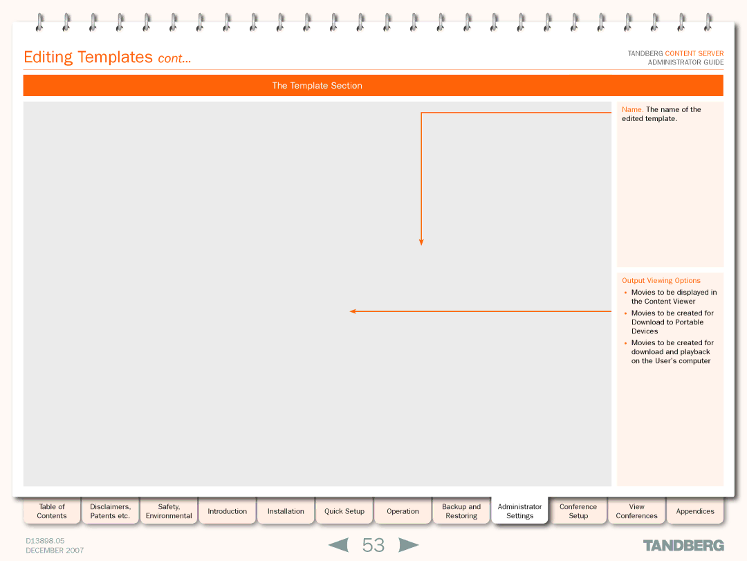 TANDBERG S3 manual Template Section, Output Viewing Options 