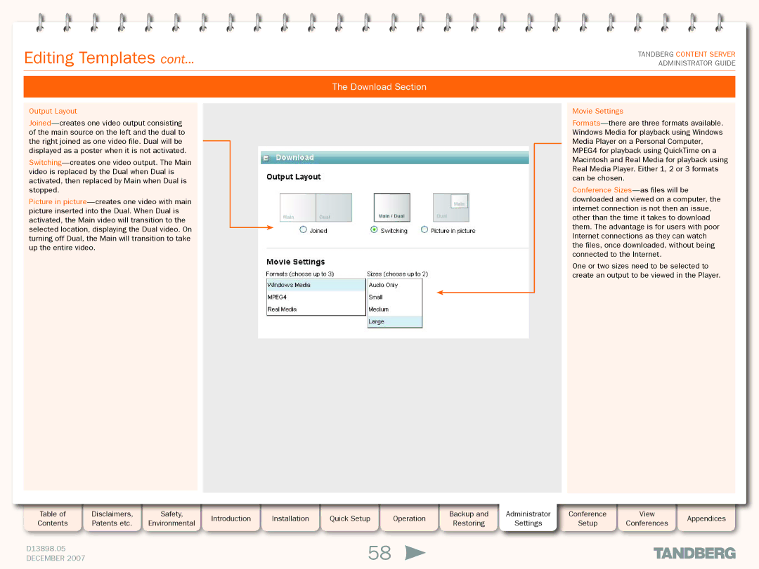 TANDBERG S3 manual Download Section, Movie Settings 