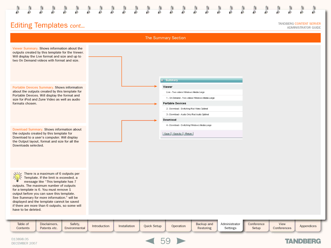 TANDBERG S3 manual Summary Section 